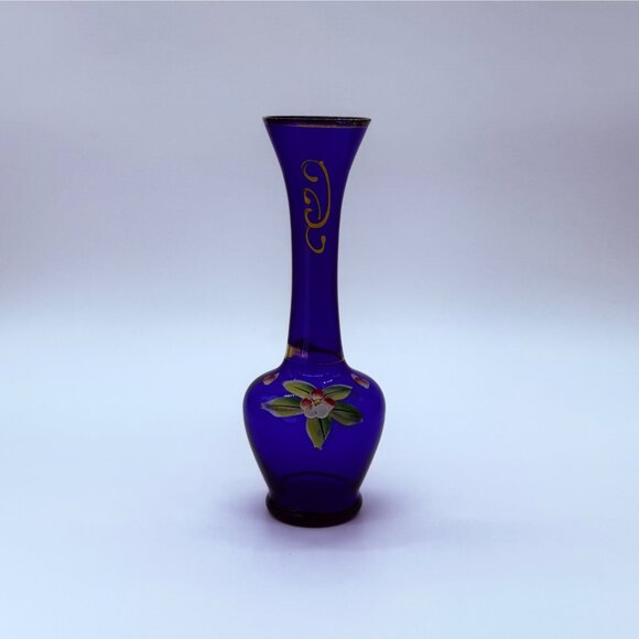 Vintage Bohemian Cobalt Blue Bud Vase Gold Gilt, Hand Painted 8" tall - Picture 6 of 11